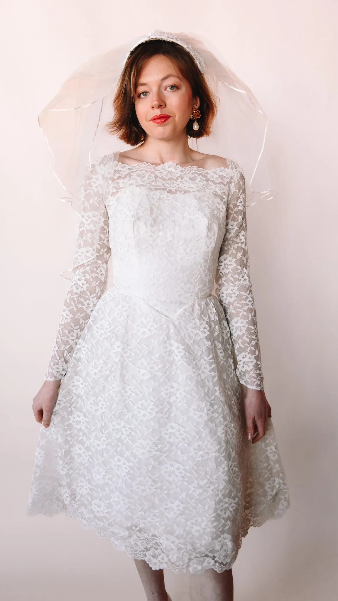 1950s Lace Fit and Flare Wedding Dress, sz. XS