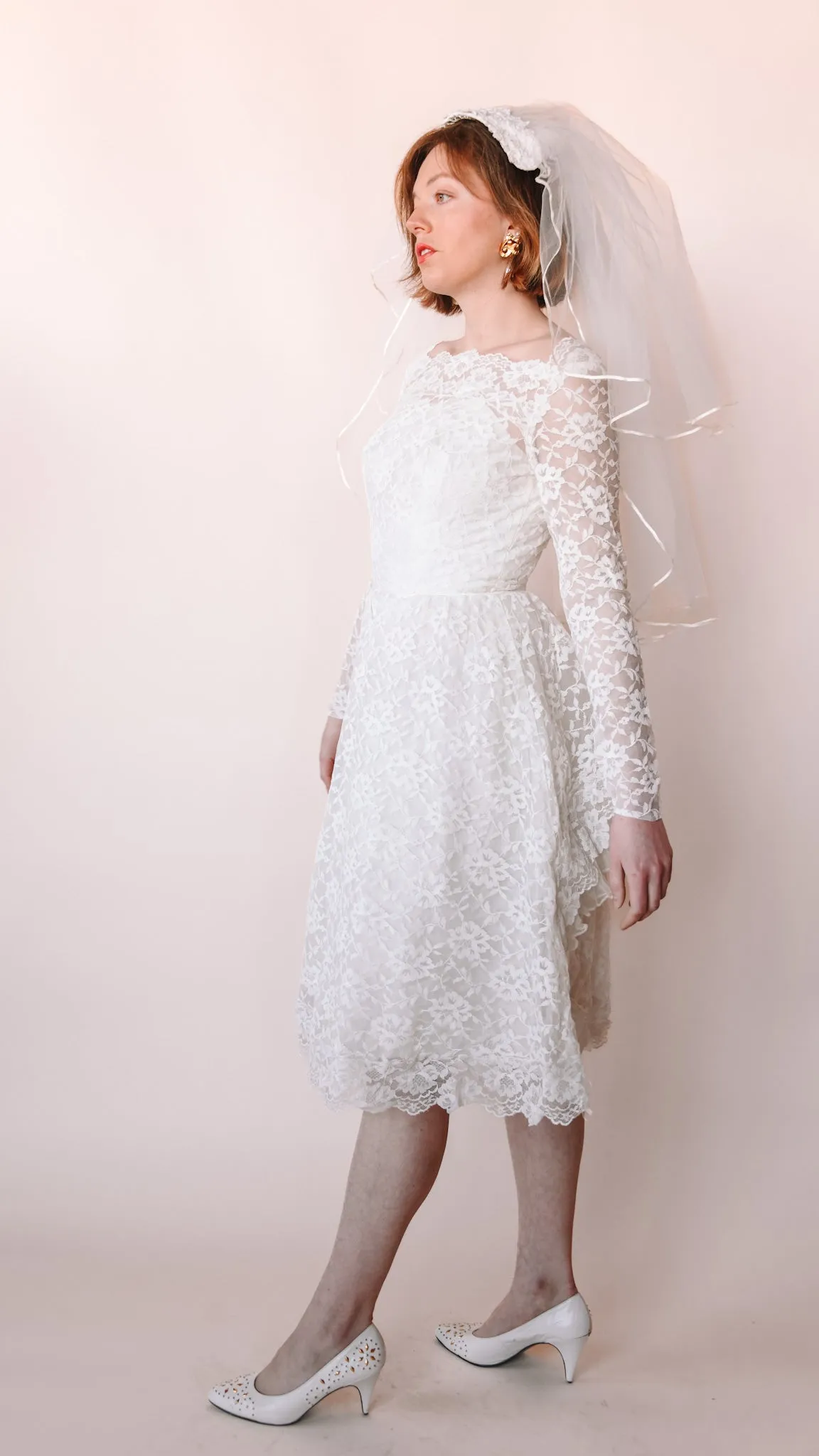1950s Lace Fit and Flare Wedding Dress, sz. XS
