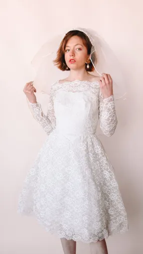 1950s Lace Fit and Flare Wedding Dress, sz. XS