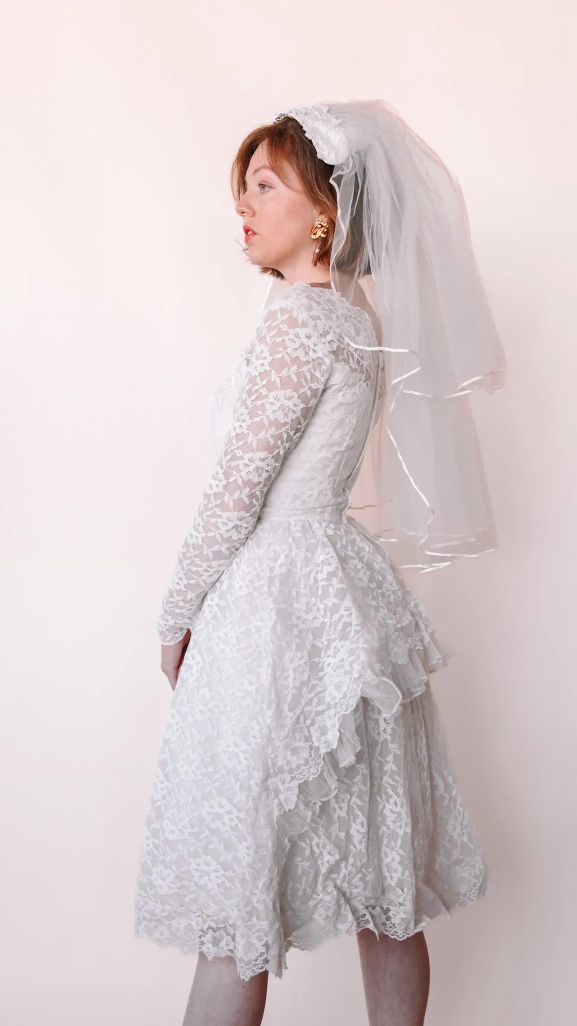 1950s Lace Fit and Flare Wedding Dress, sz. XS