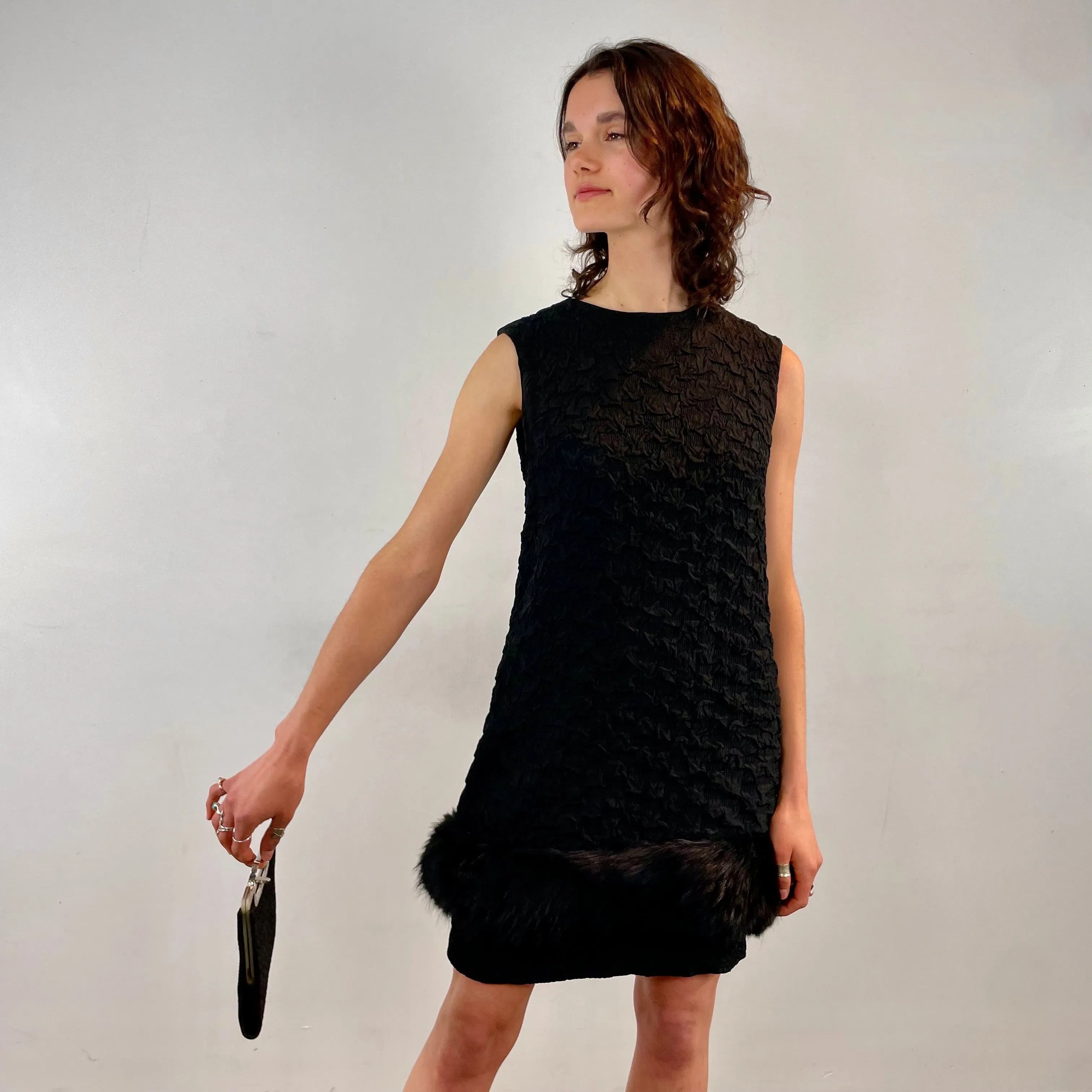 1960s Sleeveless Black Shift Dress with Fur Trim Small