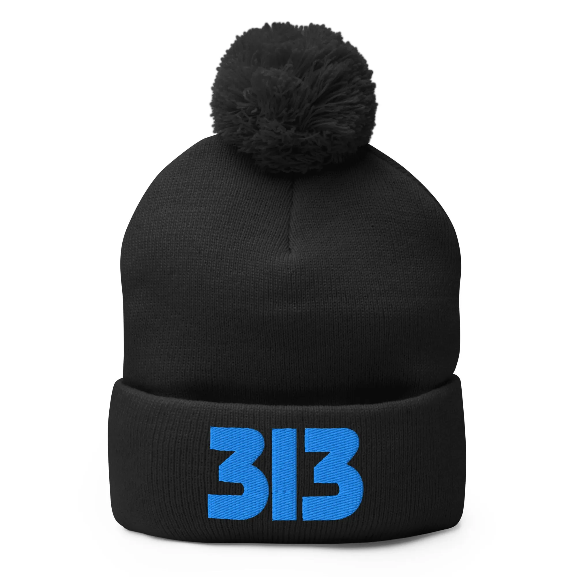 313 Detroit Embroidered Pom-Pom Beanie - Black / Blue