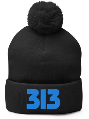 313 Detroit Embroidered Pom-Pom Beanie - Black / Blue