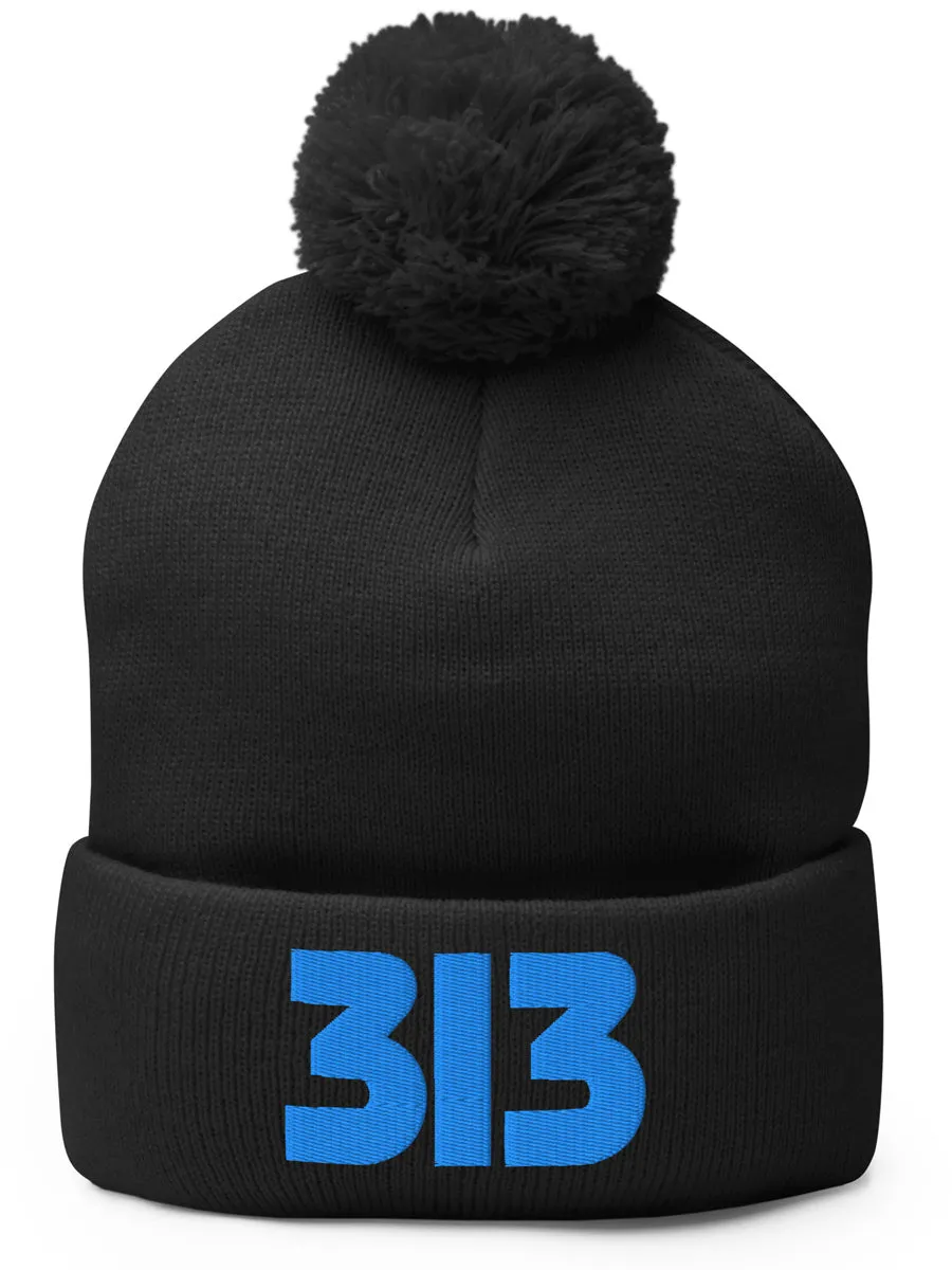 313 Detroit Embroidered Pom-Pom Beanie - Black / Blue