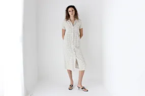 90s Pure Linen Grid Check Relaxed Button Front Dress