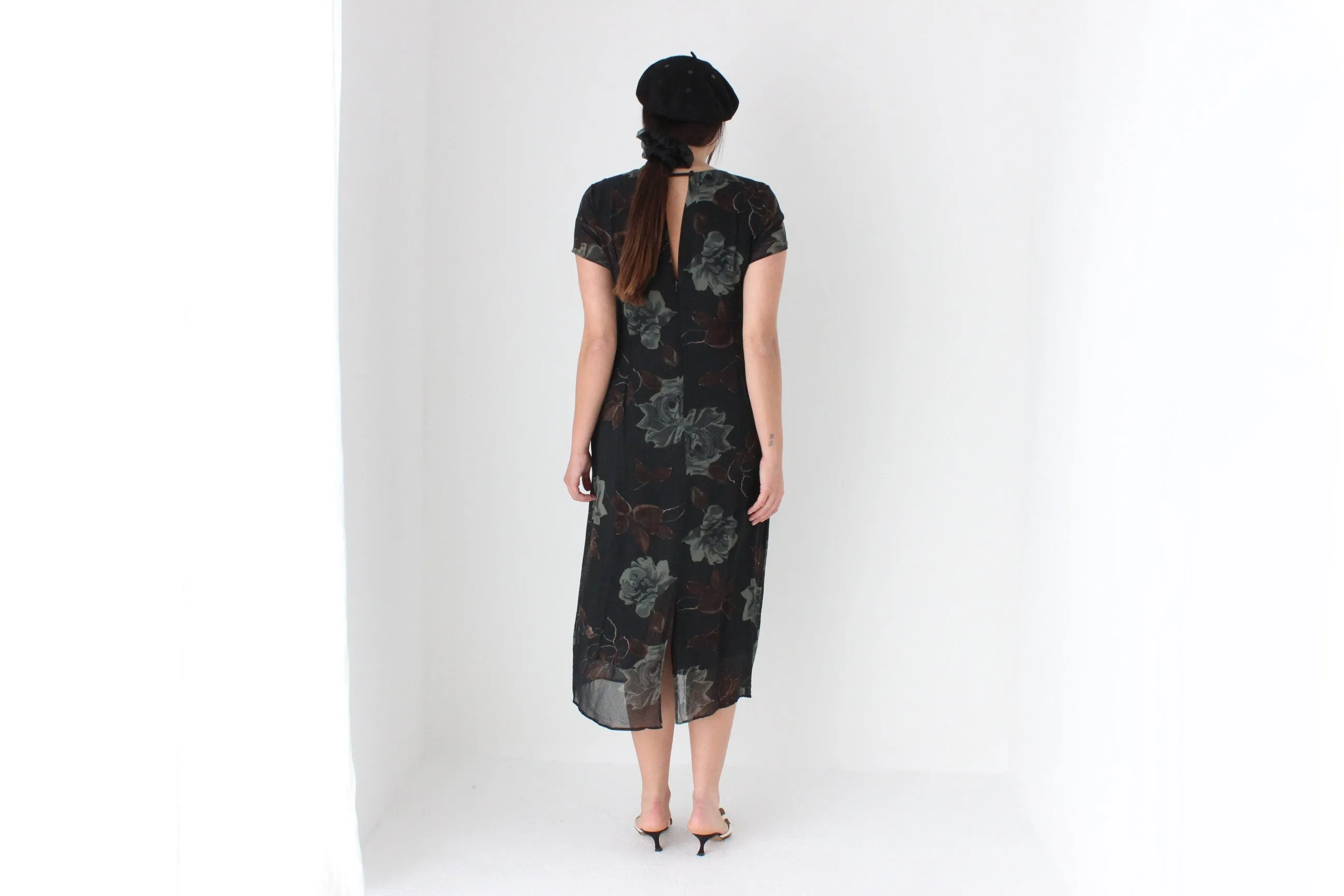 90s Pure Silk Floral Rose Relaxed Tee Dress