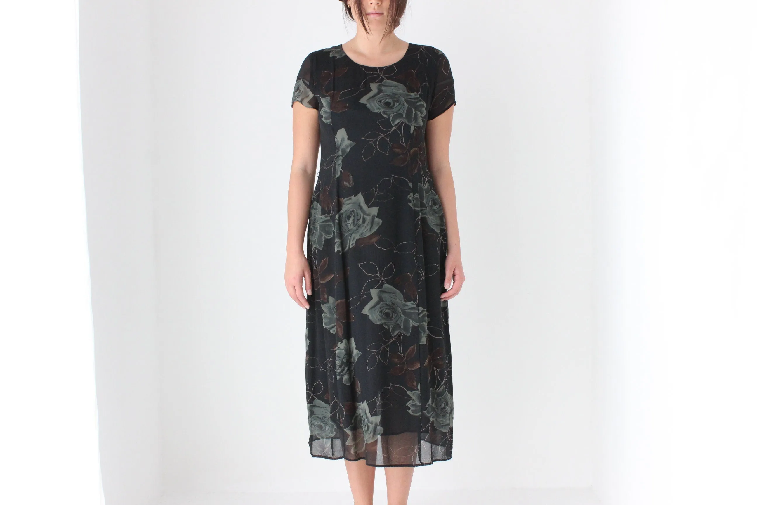 90s Pure Silk Floral Rose Relaxed Tee Dress