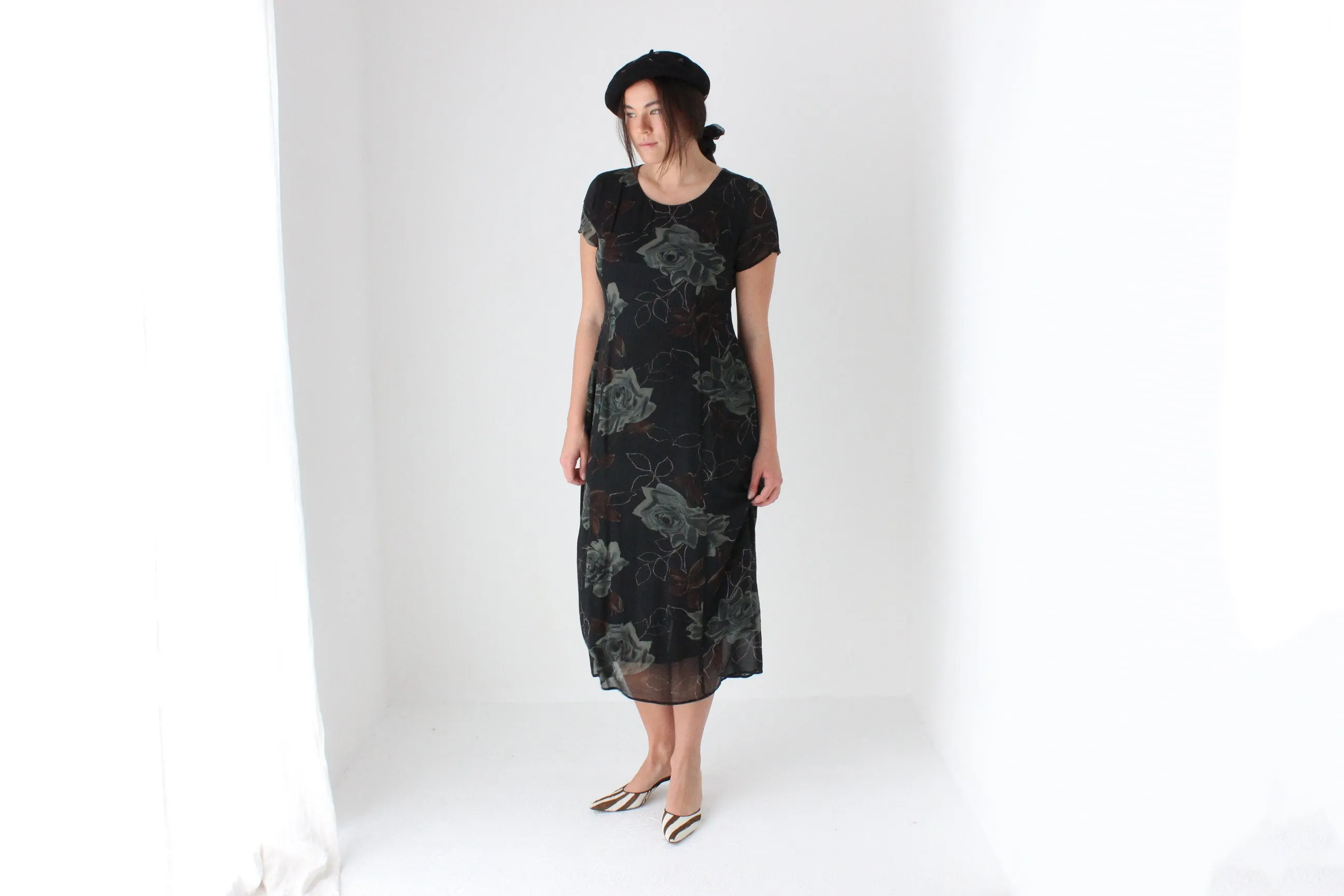 90s Pure Silk Floral Rose Relaxed Tee Dress