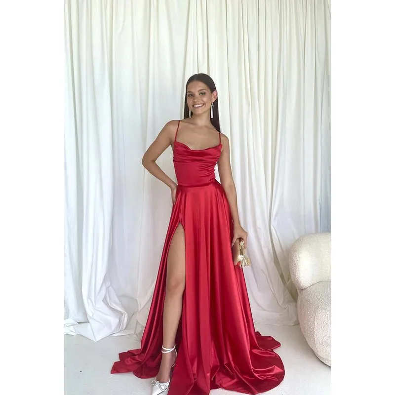 A-Line Straps Satin Pleats Lace-Up Sleeveless Party Dress