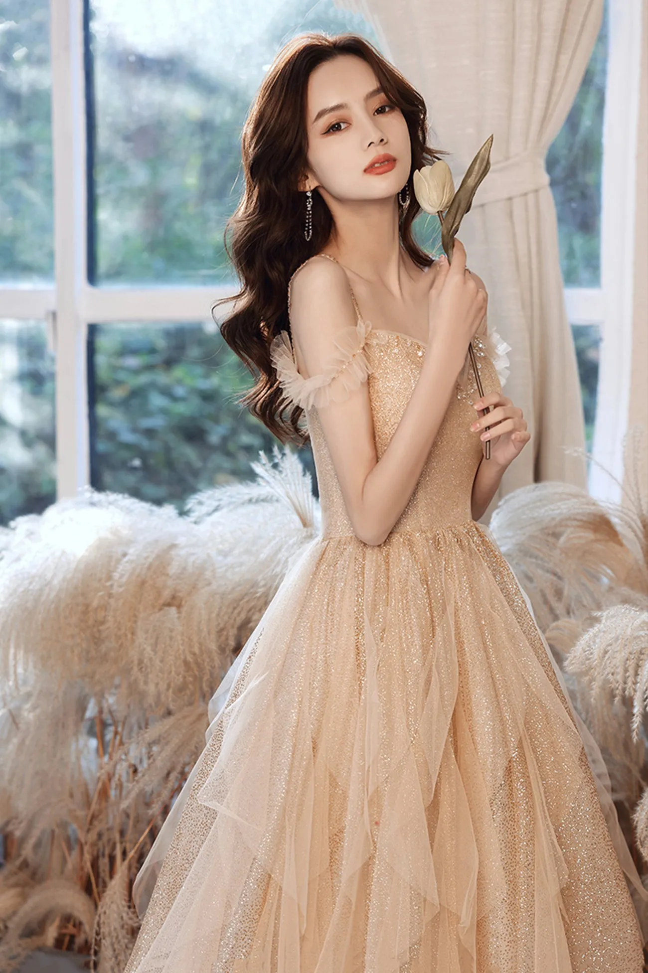 A-Line Tulle Long Prom Dress with Sequins, Spaghetti Straps Evening Dress