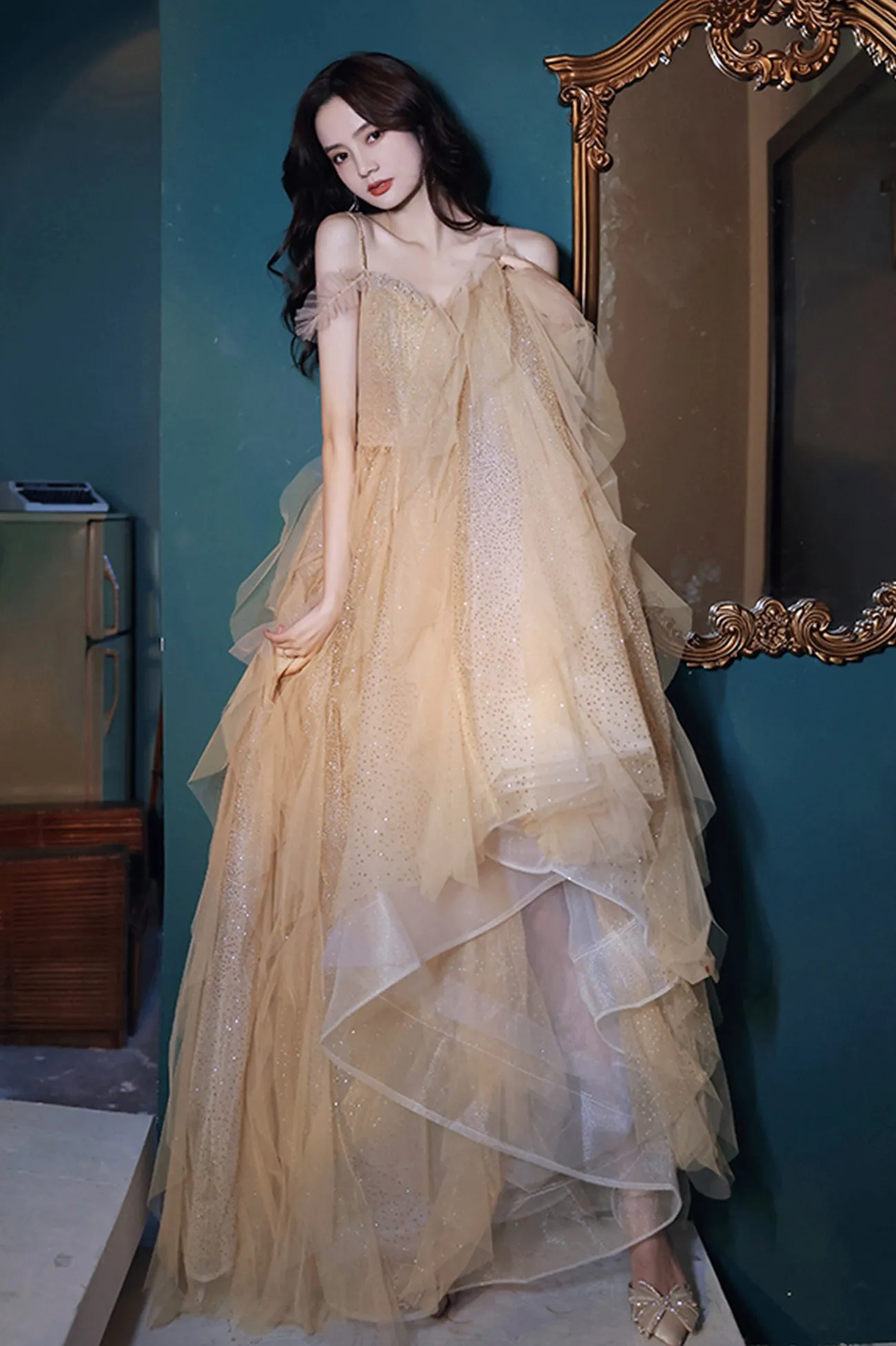 A-Line Tulle Long Prom Dress with Sequins, Spaghetti Straps Evening Dress