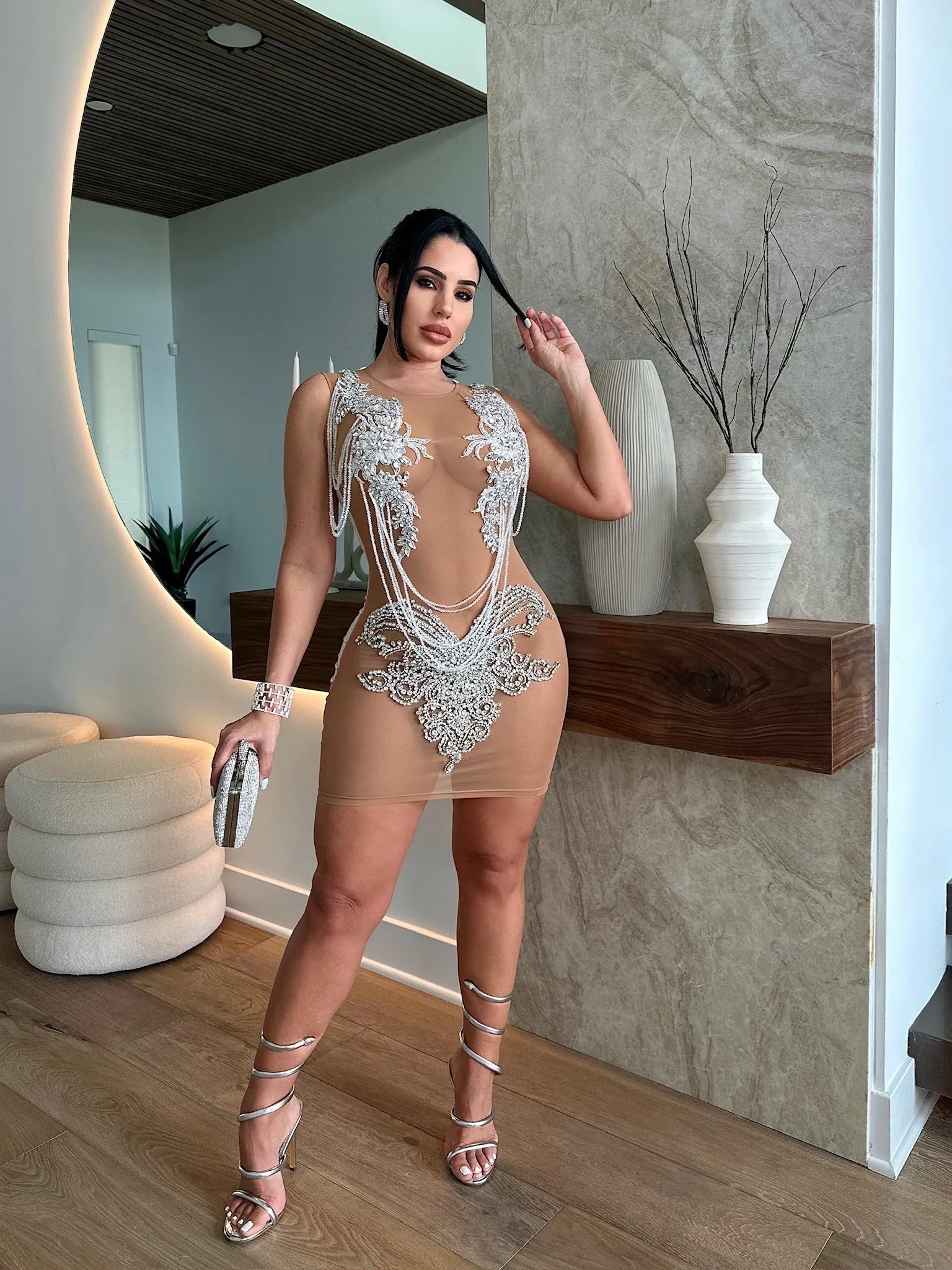 Addicted To Shine Rhinestone Mini Dress White