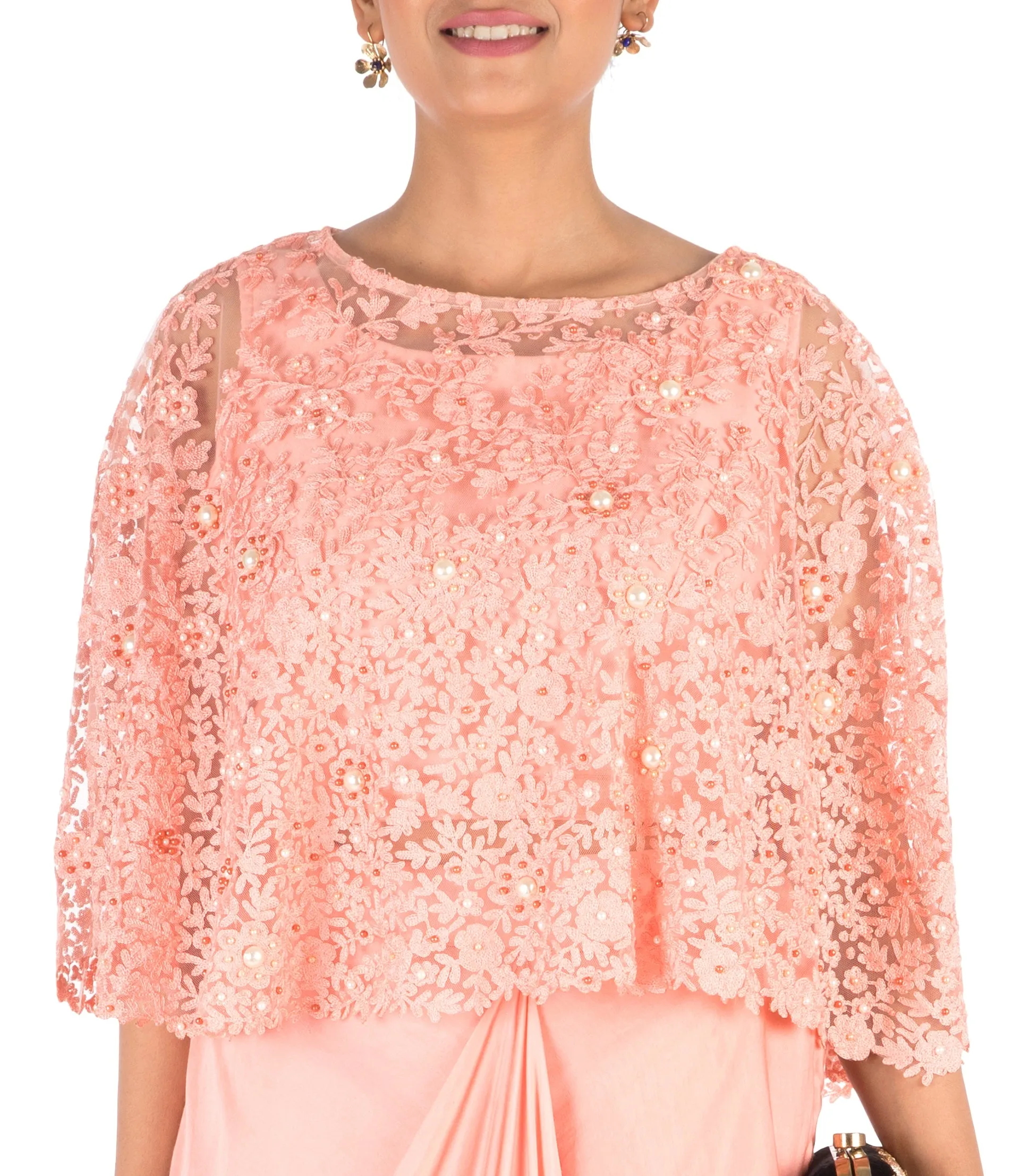Anju Agarwal Hand Embroidered Pretty Peach Drape Skirt & Cape Set