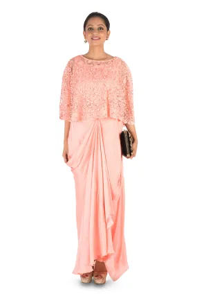 Anju Agarwal Hand Embroidered Pretty Peach Drape Skirt & Cape Set