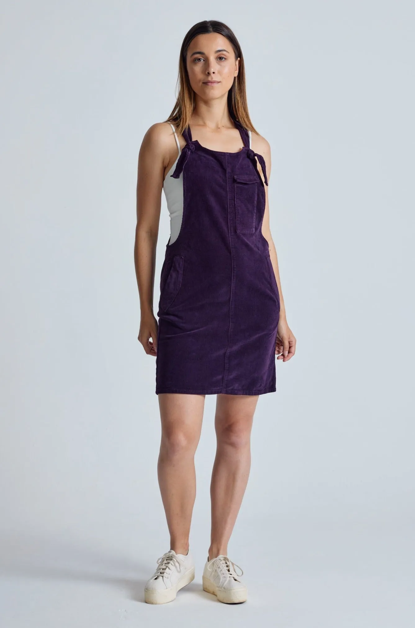 Aubergine Babycord Peggy Pocket Dungaree Dress - GOTS Certified Organic Cotton and Elastane