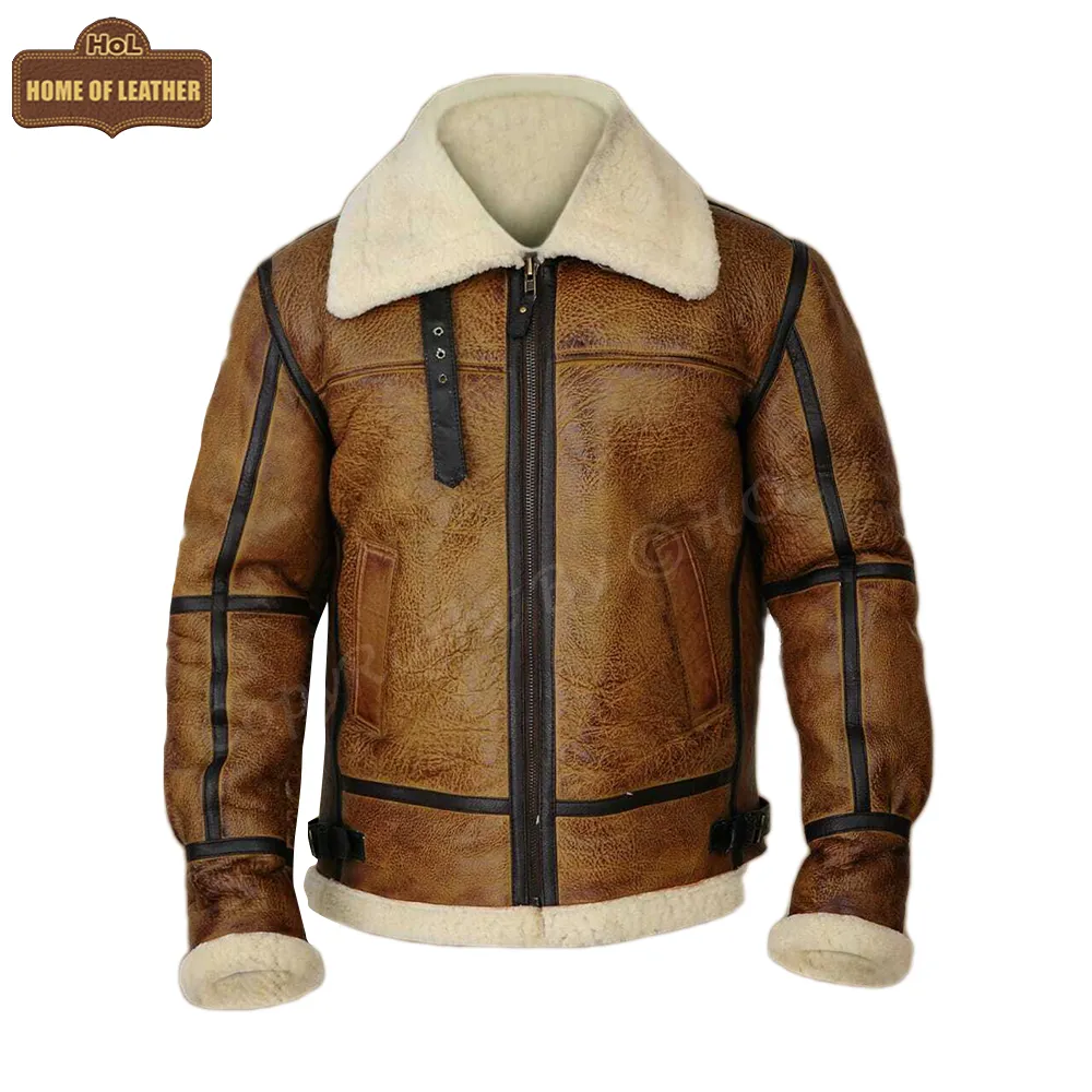 B009 RAF Men's Brown Shearling Fur B3 Flight Bomber Aviator Real Leather Jacket
