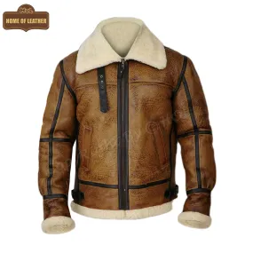 B009 RAF Men's Brown Shearling Fur B3 Flight Bomber Aviator Real Leather Jacket