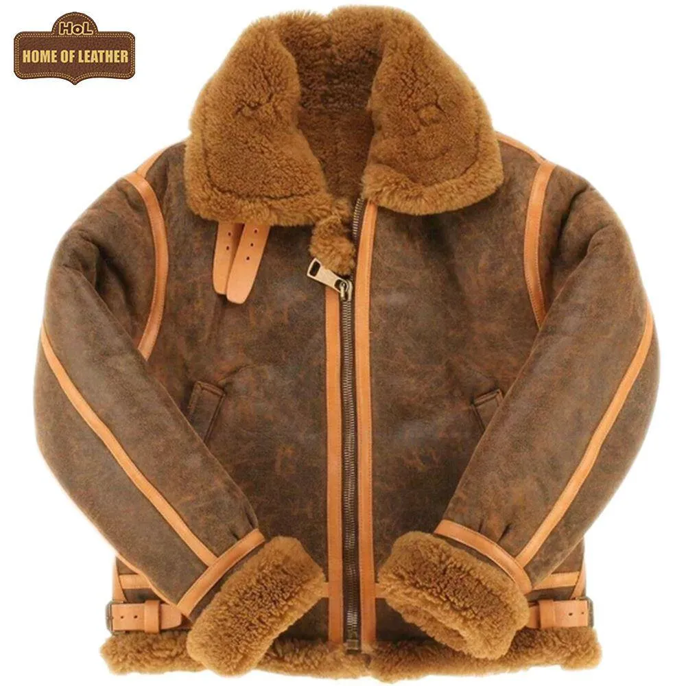 B015 RAF Copper Brown Shearling Winter Fashion Bomber Real Aviator Jacket