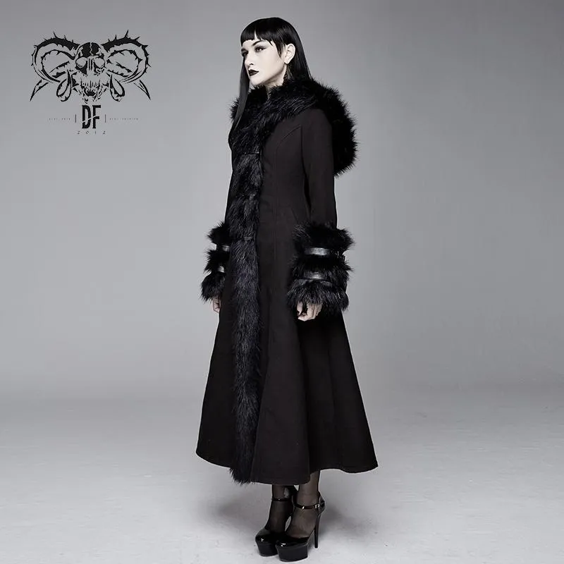 'Baroness' Gothic Long Coat with Fur Collar and Sleeves