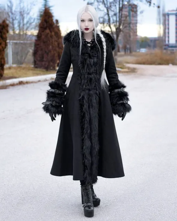 'Baroness' Gothic Long Coat with Fur Collar and Sleeves