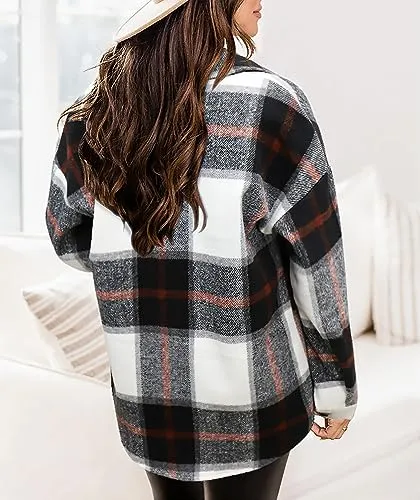 Beaully Women's Flannel Plaid Shirts Long Sleeve Button Down Chest Pocketed Shacket Jacket Coats 6025 Dark Blue Large