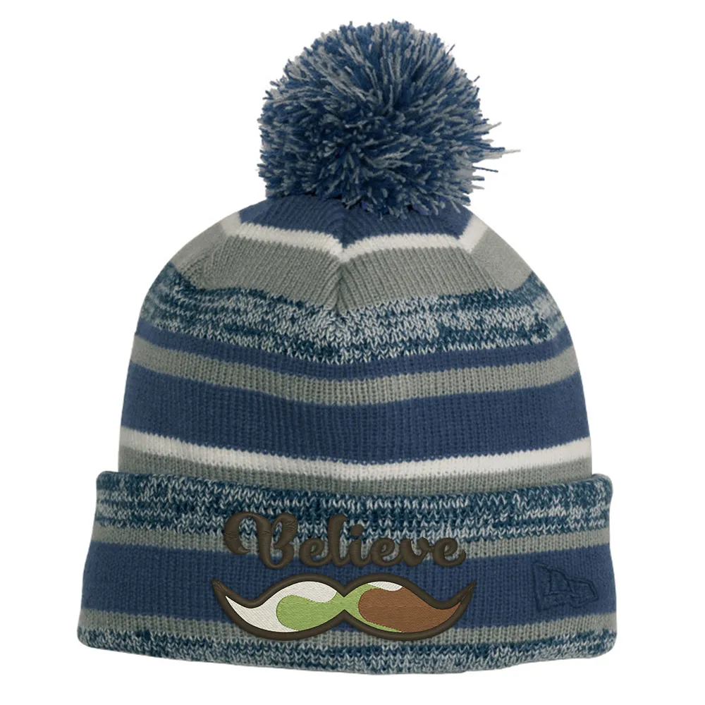 Believe Mustache - Chunky Pom Pom Beanie - Navy and Graphite