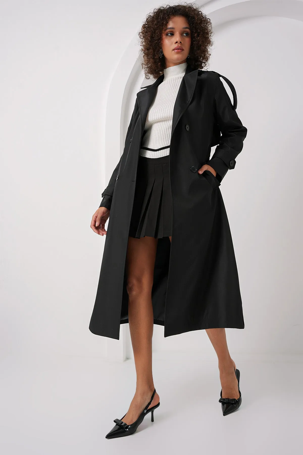 BGD Women Double Breasted Long Trench Coat - Black - Philadelphia