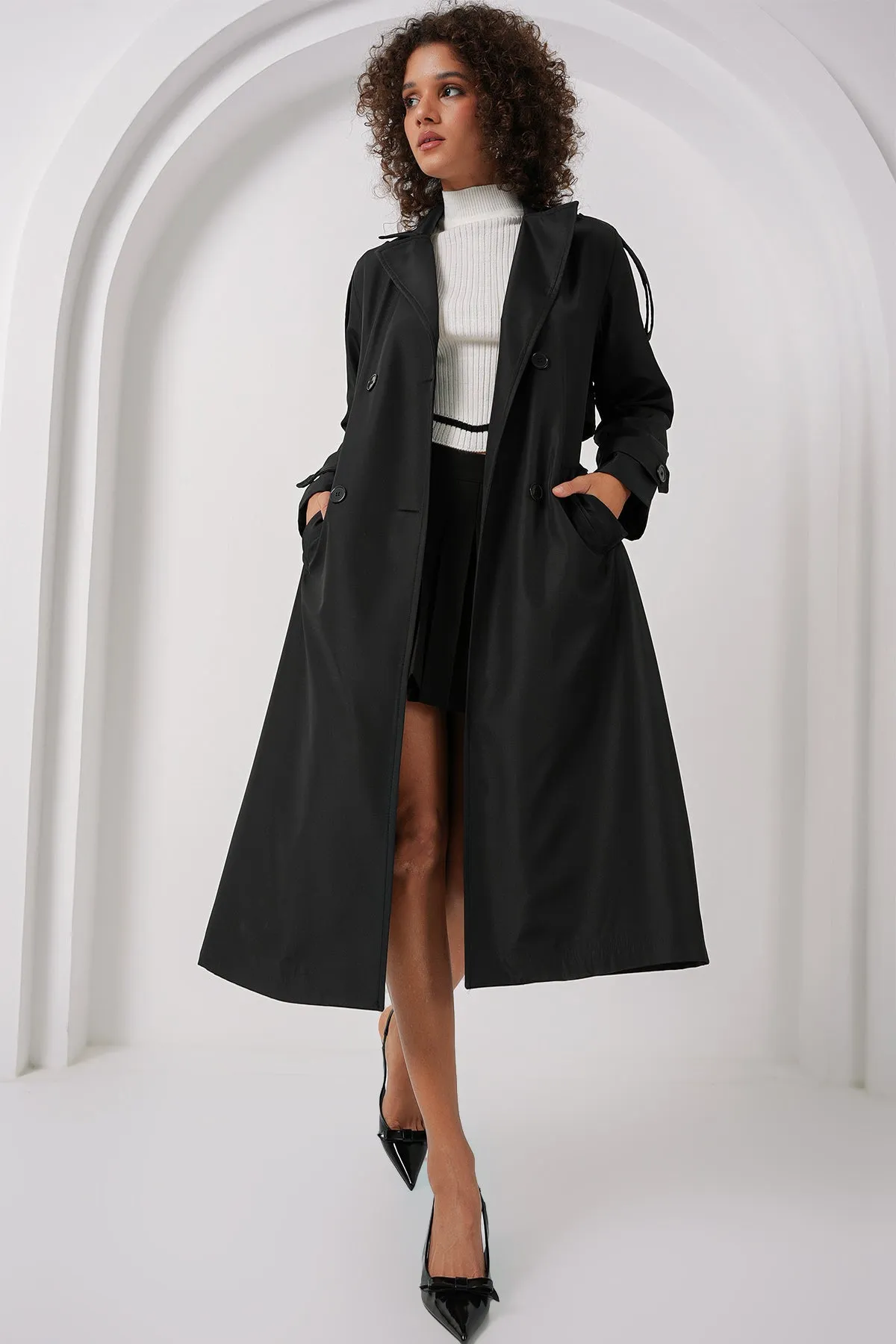 BGD Women Double Breasted Long Trench Coat - Black - Philadelphia