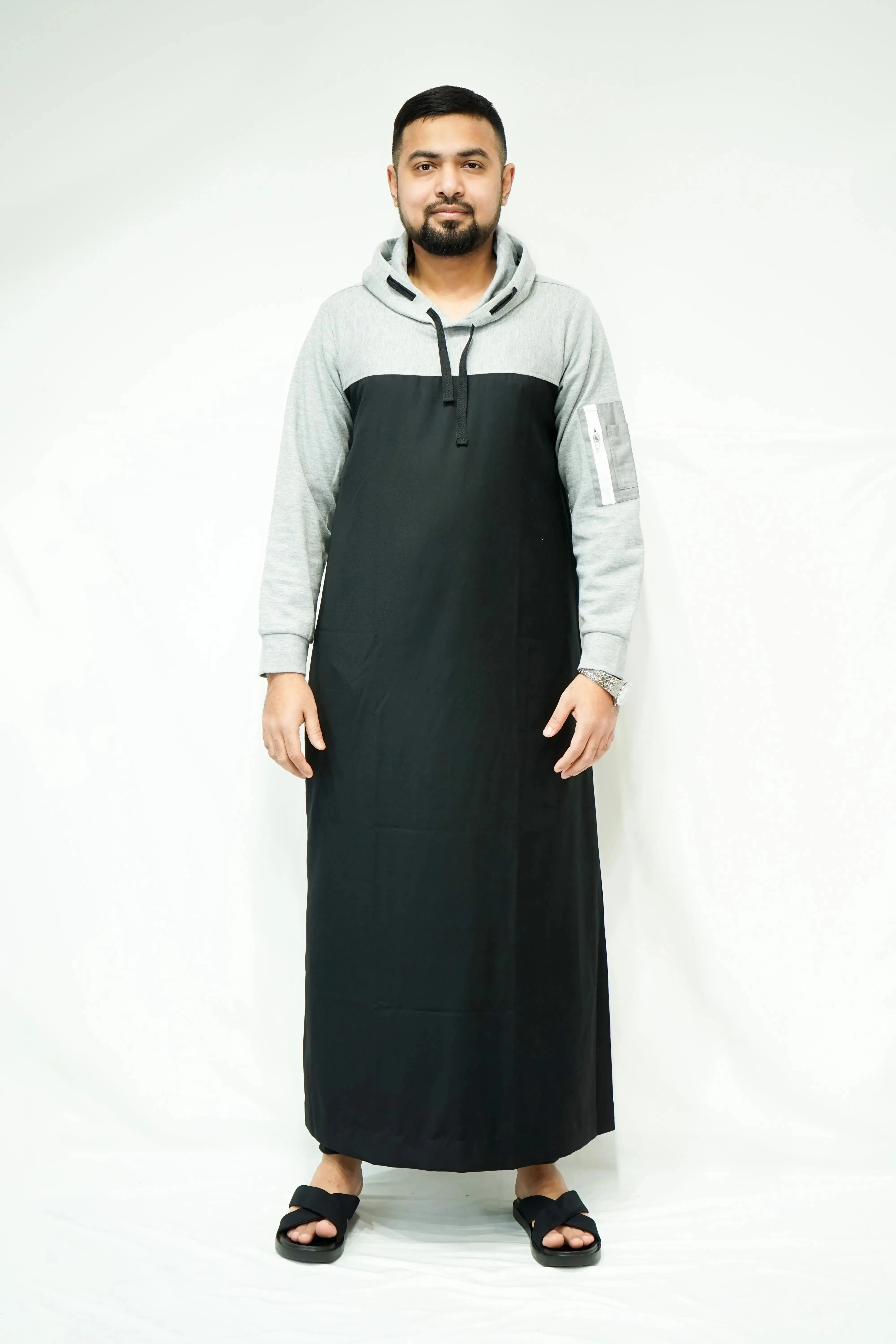 Black & Grey Hoodie Thobe with Side Arm Zip Pocket