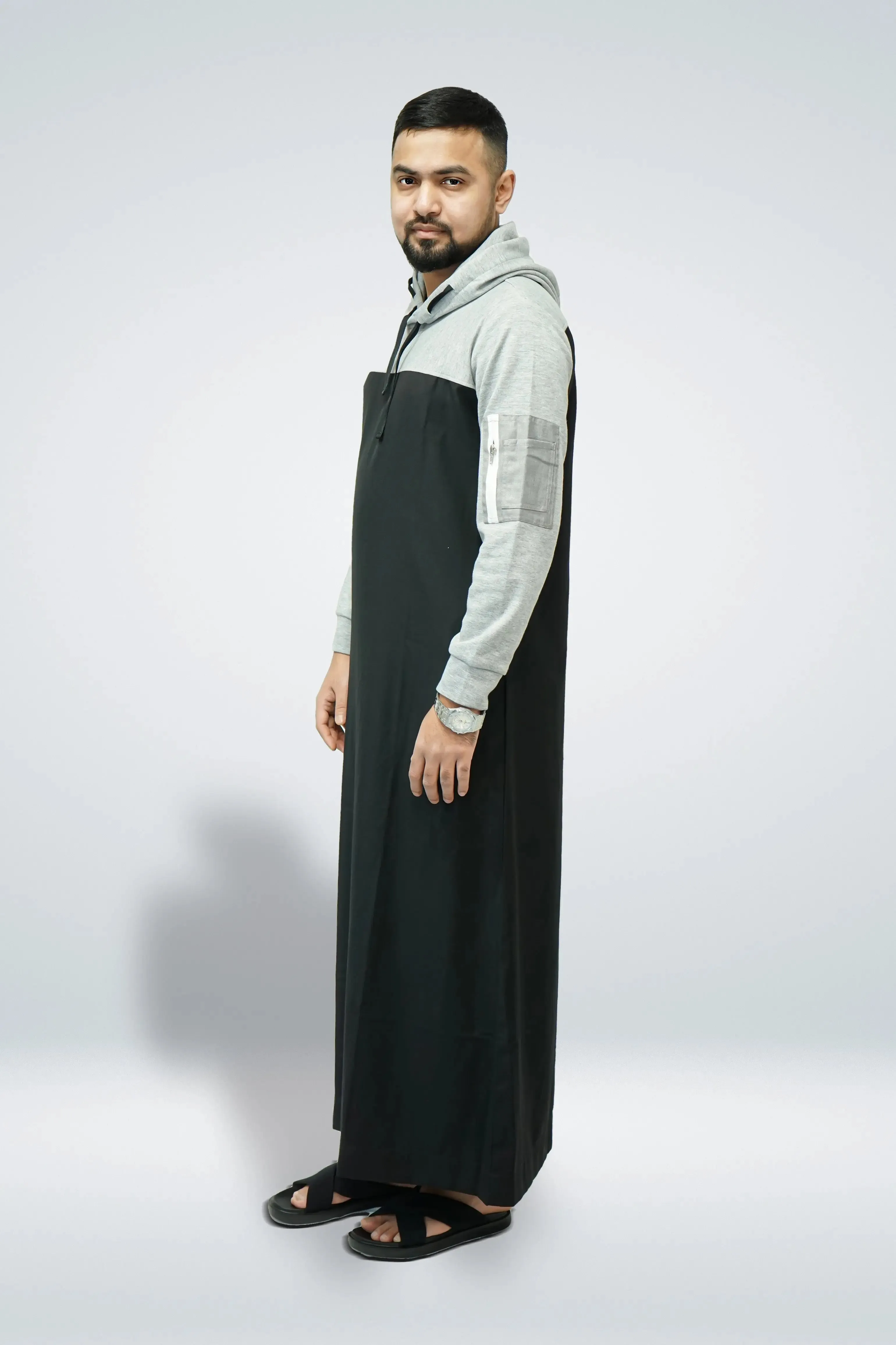 Black & Grey Hoodie Thobe with Side Arm Zip Pocket