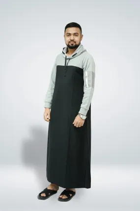 Black & Grey Hoodie Thobe with Side Arm Zip Pocket