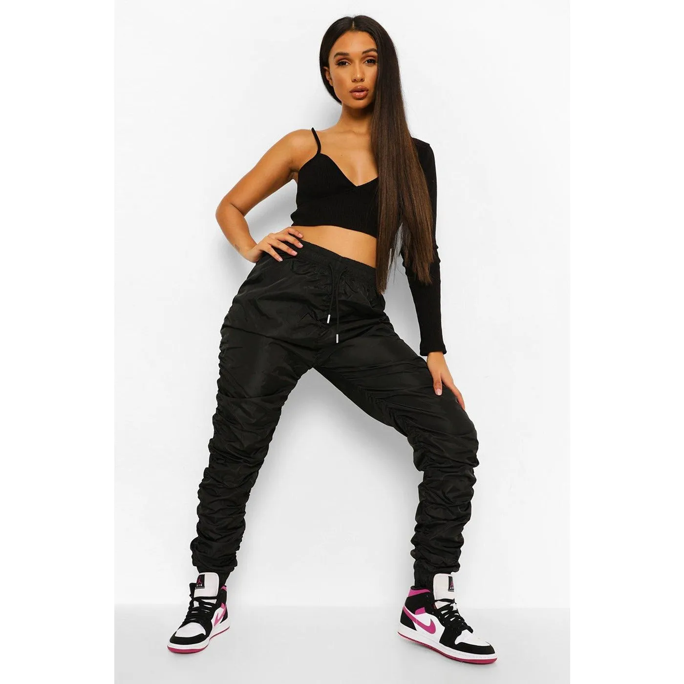 Black Ruched Detail Joggers