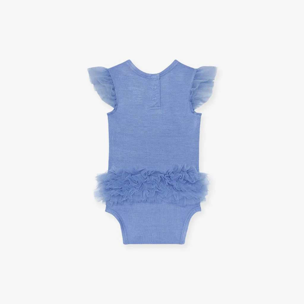Blue Dew Tulle Sleeve Ruffled Back Bodysuit