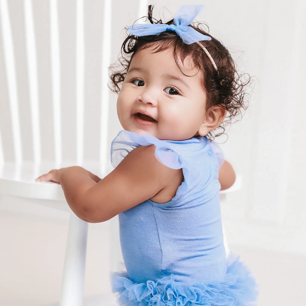 Blue Dew Tulle Sleeve Ruffled Back Bodysuit