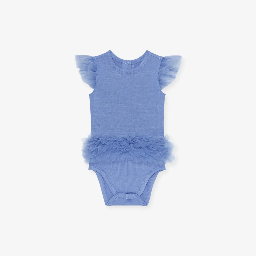 Blue Dew Tulle Sleeve Ruffled Back Bodysuit