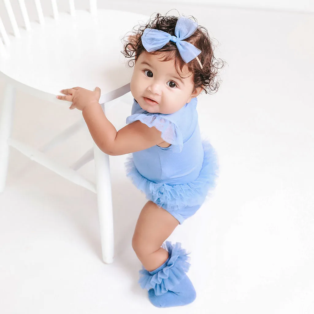 Blue Dew Tulle Sleeve Ruffled Back Bodysuit