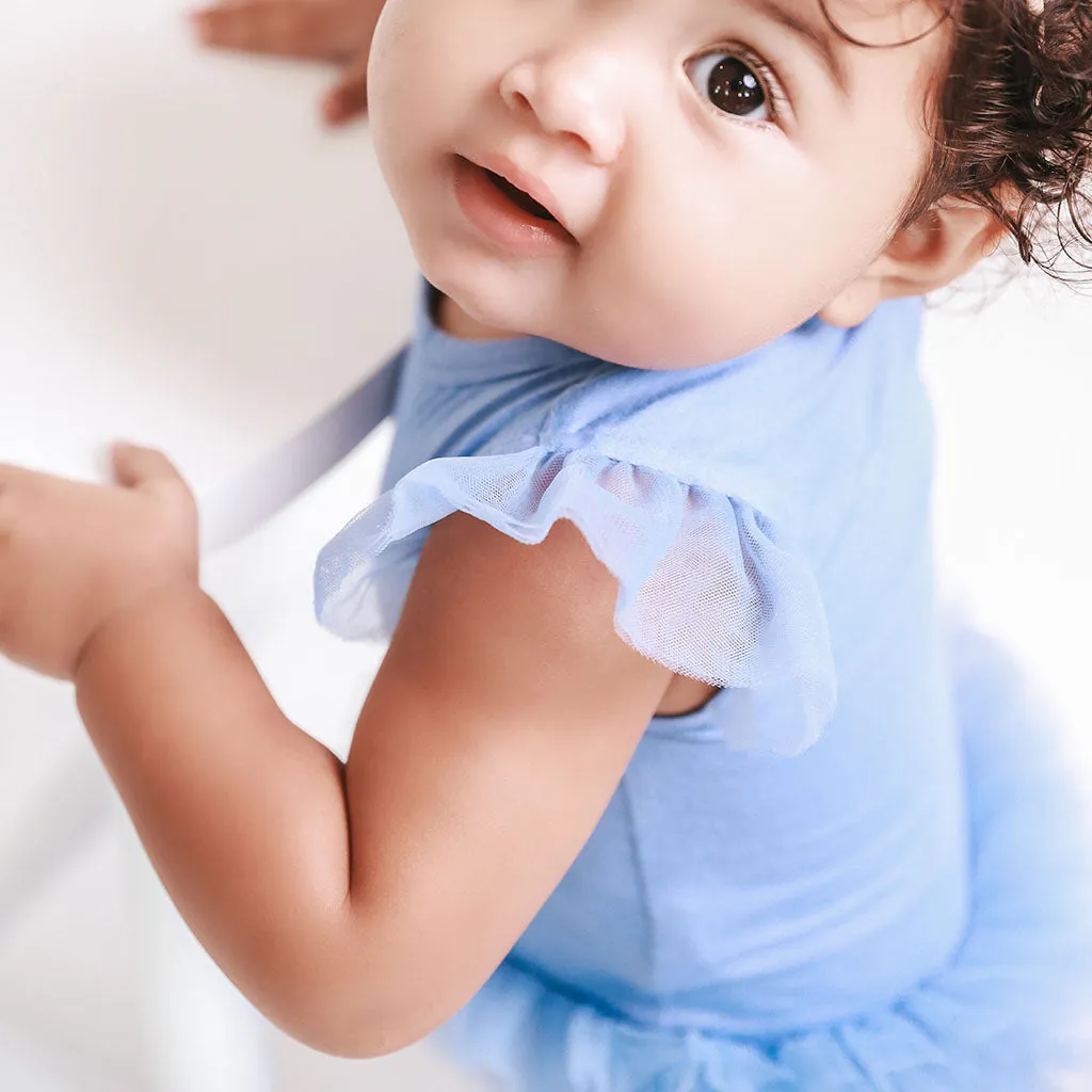 Blue Dew Tulle Sleeve Ruffled Back Bodysuit