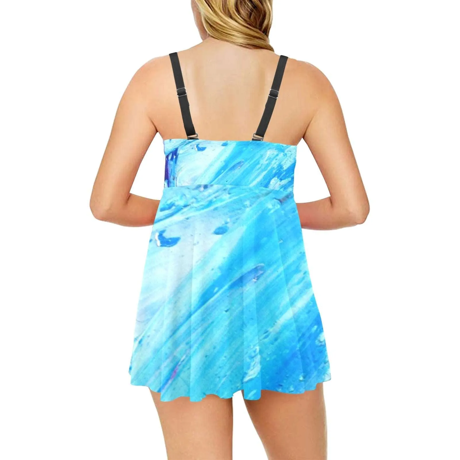 Blue Swirl Chest Pleat Swim Dress