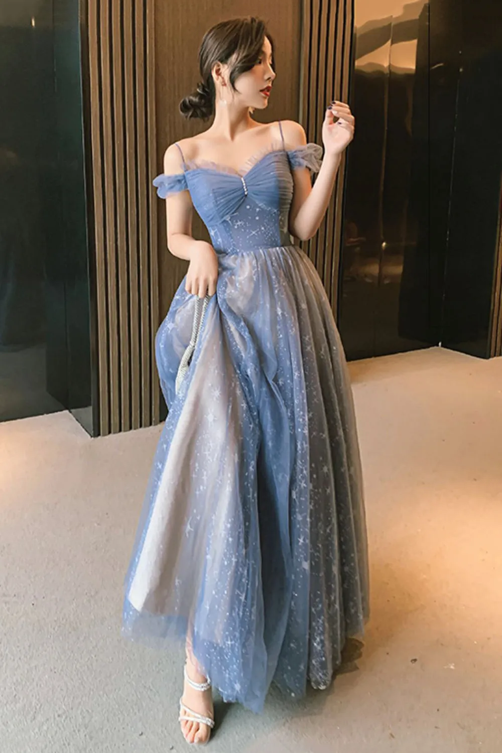 Blue Tulle Long Prom Dress, A-Line Spaghetti Strap Graduation Party Dress