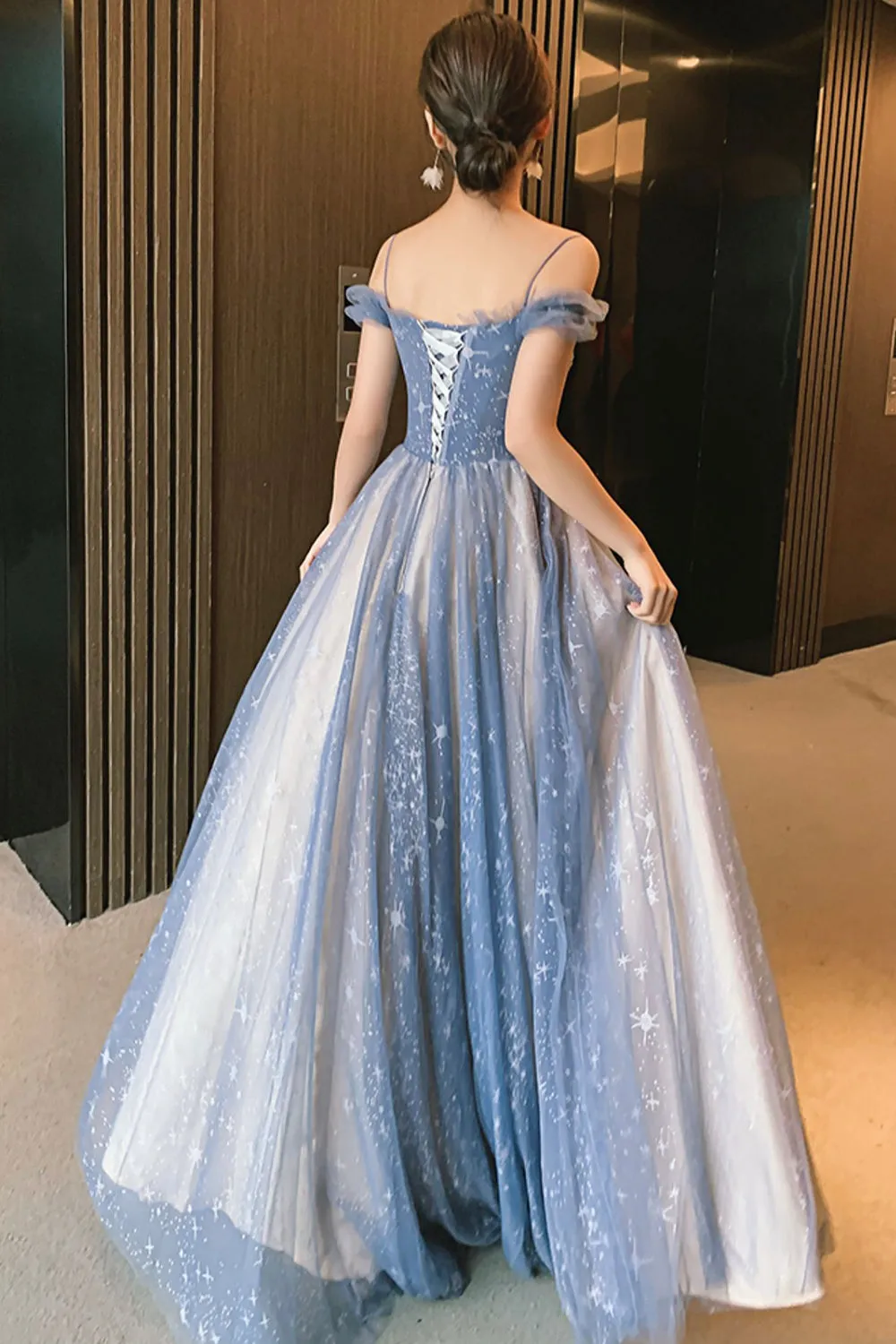 Blue Tulle Long Prom Dress, A-Line Spaghetti Strap Graduation Party Dress