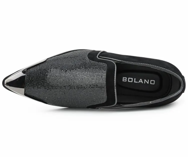 Bolano Dezzy Men’s Black Suede Rhinestone Tuxedo Slippers