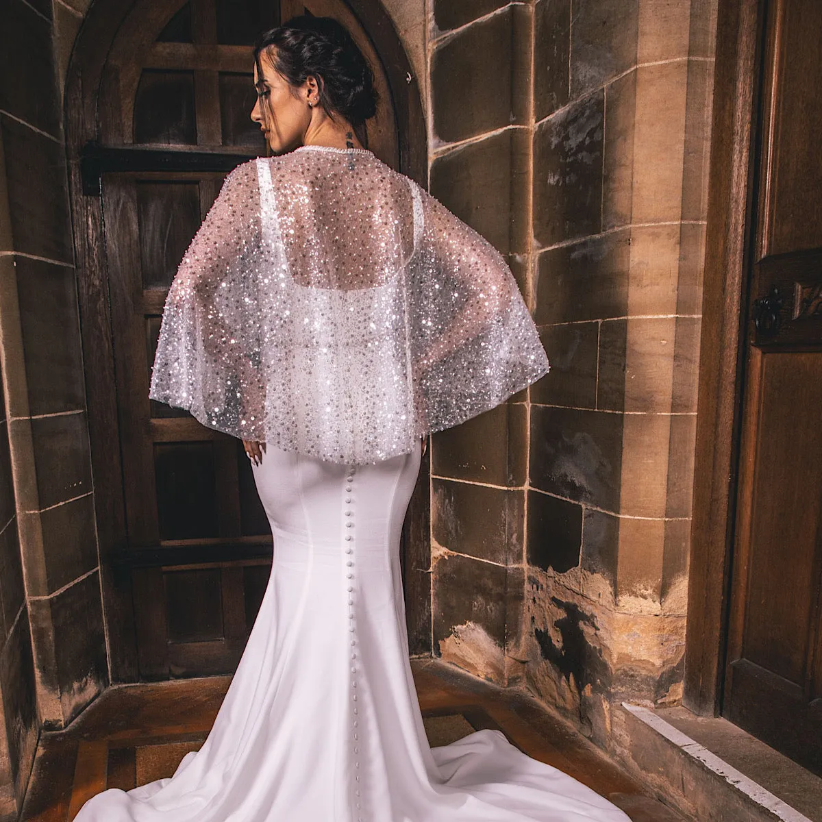 Bridal Cape Ivory Tulle Embellished with Sequins & Beads PBC3004
