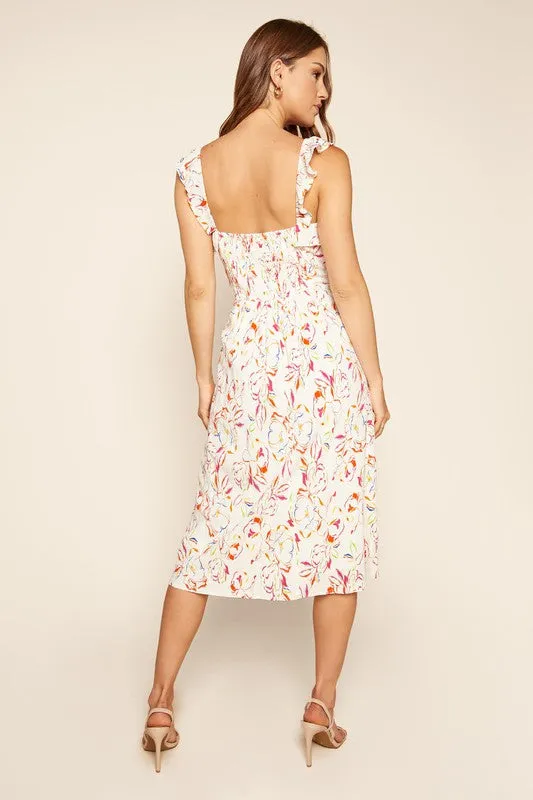 Carmen Ruffle Trim Midi Dress with Colored Floral Print by Sugarlips