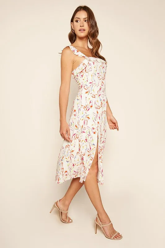 Carmen Ruffle Trim Midi Dress with Colored Floral Print by Sugarlips