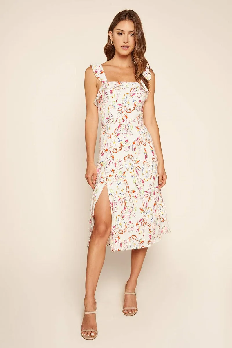 Carmen Ruffle Trim Midi Dress with Colored Floral Print by Sugarlips