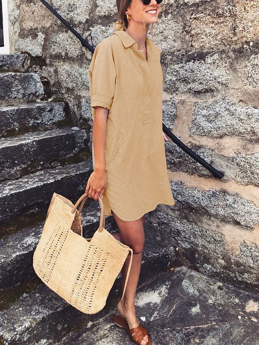 Casual and Comfortable Solid Color Shirt Dress
