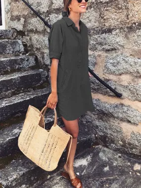 Casual and Comfortable Solid Color Shirt Dress