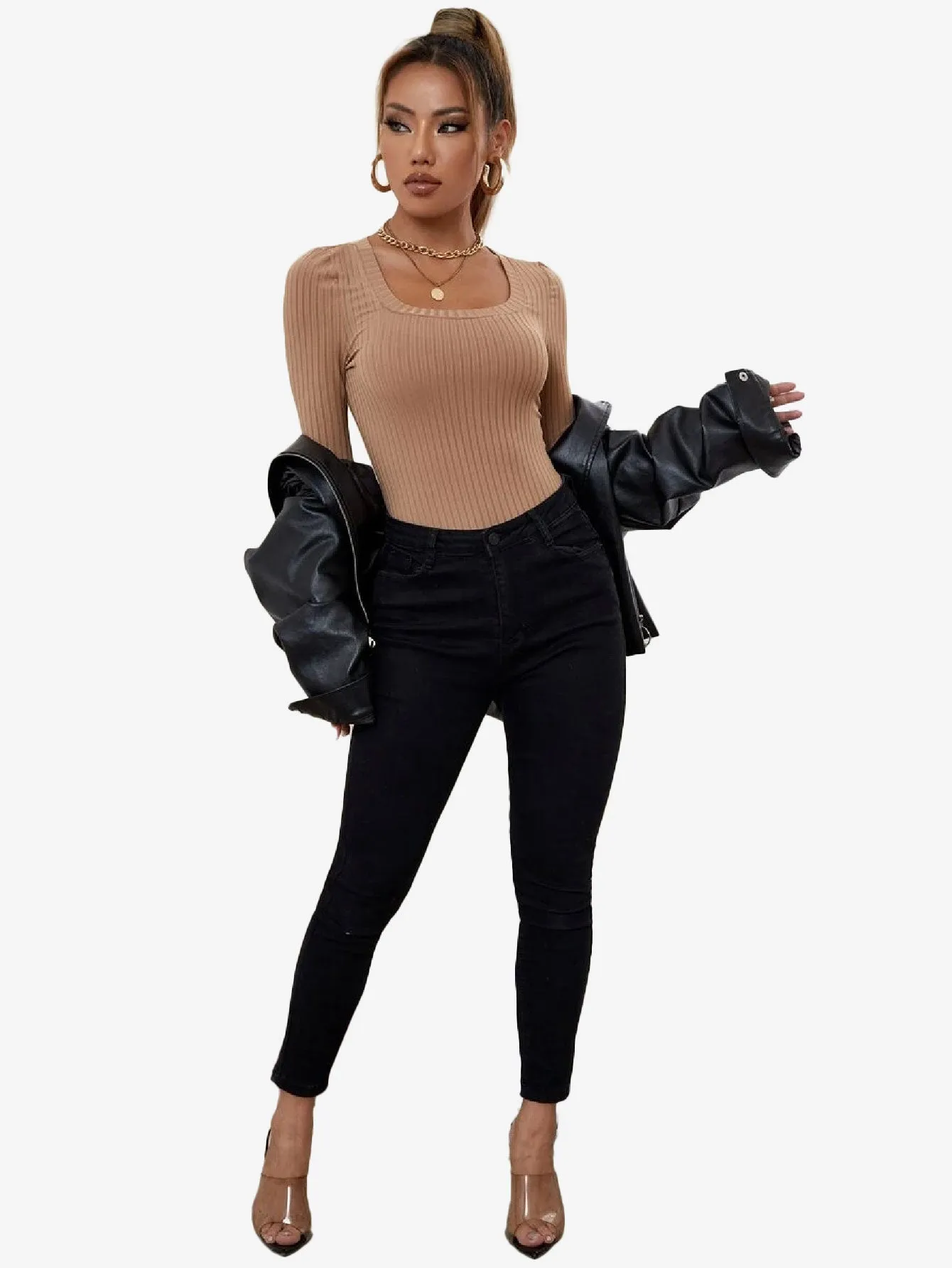 Catchy Ribbed Knit Square Neck Bodysuit