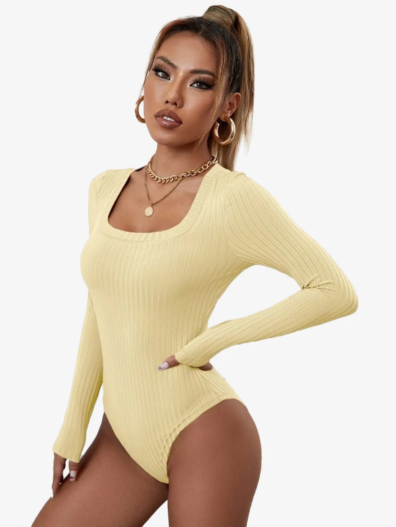 Catchy Ribbed Knit Square Neck Bodysuit