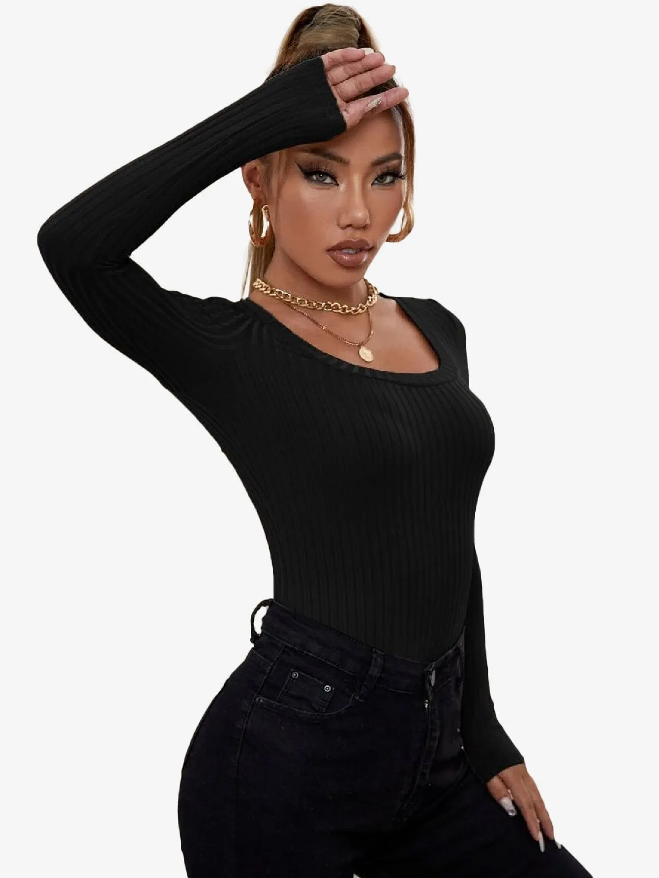 Catchy Ribbed Knit Square Neck Bodysuit